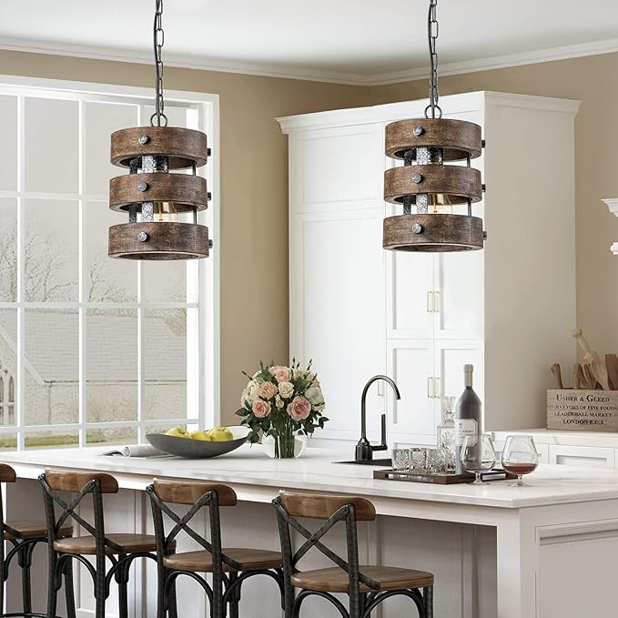 Farmhouse Wood Pendant Lights Kitchen Island, Dining Room Lighting Fixtures Over Table, Rustic Chandelier, Height Adjustable Hallway Light for Foyer Living Room Bar Restaurant