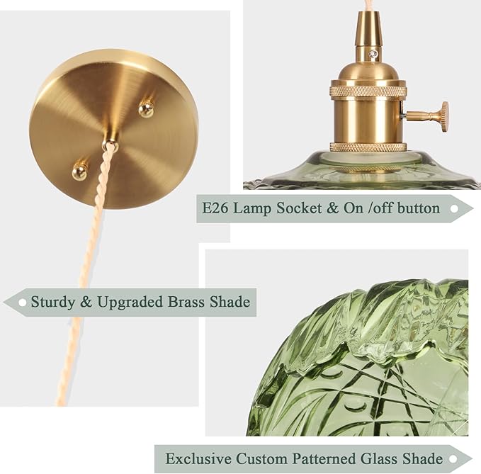 Pendant Lights Kitchen Island,Green Glass Pendant Light Vintage Light Fixtures,9.4inch E26 Finish Ceiling Hanging Lamp for Bedroom Living Room Hallway