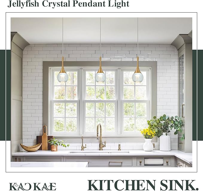 LED Pendant Light Kitchen Island Jellyfish Crystal Pendant Lights Dimmable Gold Modern Hanging Light for Bedroom Bathroom Living Room 3000K Warm White, 1 Pack