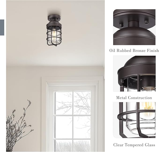 Emliviar 2 Pack Classic Ceiling Lamps for Porch, Semi Flush Mount Ceiling Light Fixtures with Clear Tempered Glass Shade in Oil Rubbed Bronze Finish, GE255LF-2PK ORB