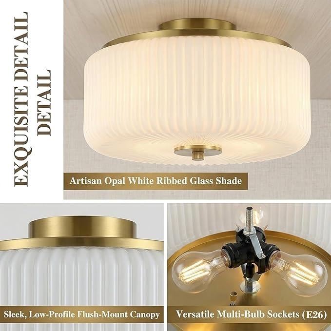 3-Light Gold Flush Mount Ceiling Light, 11.8" Modern Schoolhouse Light Fixtures Ceiling Mount with Ribbed Opal White Glass Shade, Anti-Glare Close to Ceiling Lamp for Bedroom Kitchen Hallway Entryway