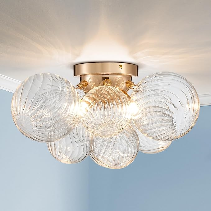 AGV LIGHTING Modern Bubble Glass Flush Mount Ceiling Light Fixture, Gold 4-Light Ceiling Chandelier with Clear Textured Glass Globe Shades, 18” Living Room Bedroom Dining Room Lighting