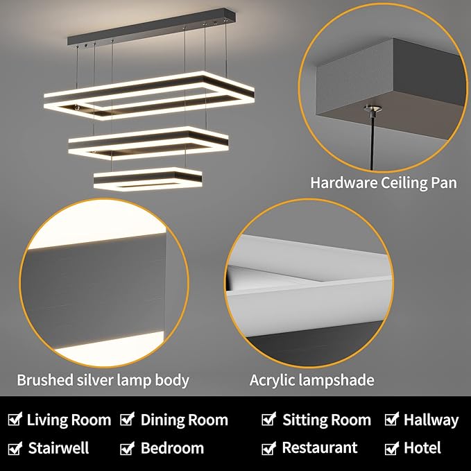 Modern Ceiling Pendant Light, LED Chandelier with Remote Control Dimmable 3 Color Mode & Brightness, Anti-Flicker Pendant Lights Kitchen Island Light Fixture for Dining Room Living Room