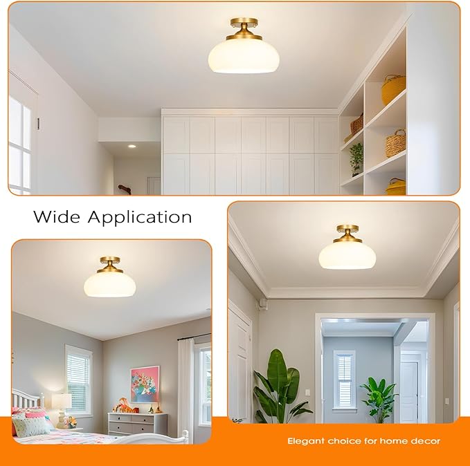 Mid-Century Gold Ceiling Light with Hand-Blown Milk Glass Shade - 12 Inch Semi Flush Mount Light Fixture for Hallway, Kitchen & Bedroom - Triple E12 Sockets for Even Illumination & Easy Installation