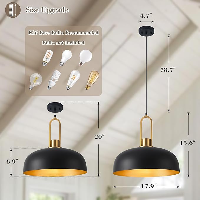 Matte Black Dome Pendant Light 18" Large Farmhouse Pendant Lighting Fixture Vintage Black and Gold Chandeliers for Dining Room, Kitchen Island, Bedroom, Hallway