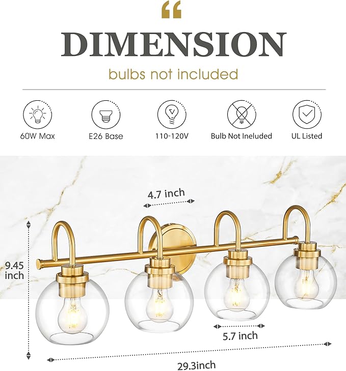 Bathroom Light Fixtures, 4-Light Brushed Gold Vanity Lights with Globe Clear Glass, 30 Inch Champagne Bronze Vanity Lighting Fixtures Over Mirror, AD-22280-4W-GD