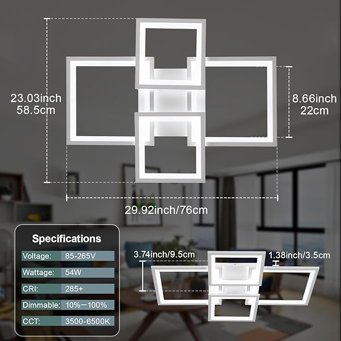 EIDISUNY Modern LED Ceiling Light, Square LED Flush Mount Ceiling Light, Dimmable Kitchen Light Fixtures with Remote&APP, Close to Ceiling Lighting Fixture for Dining Room Kitchen Living Room Bedroom