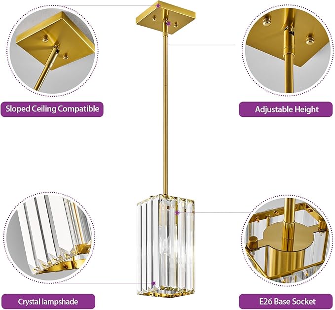 Modern Pendant Light Gold Rectangle Pendant Lighting Mini Crystal Chandeliers Adjustable Pendant Light Fixture for Kitchen Island Dinning Room Living Room Corridor Bedroom(Gold 2-Pack)