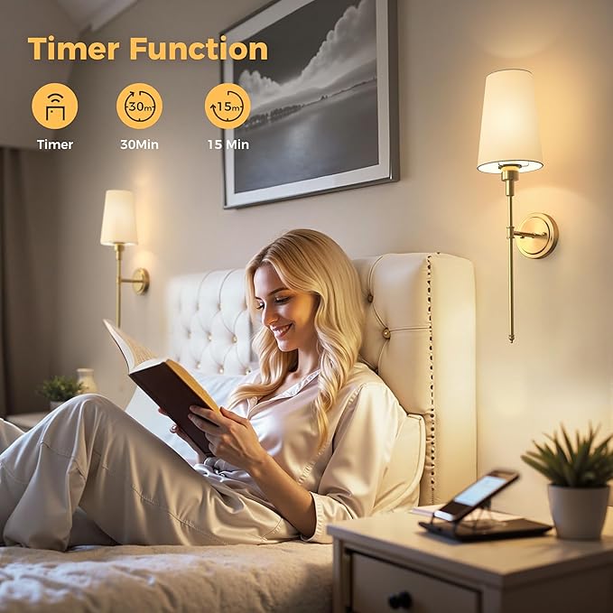 DORESshop Battery Operated Wall Sconce Set of 2, Wireless Wall Light Easy to Install, 15 Color Rechargeable Wall Sconces, Sconce Wall Decor Set of 2 for Bedroom, Living Room, Gold, 27in