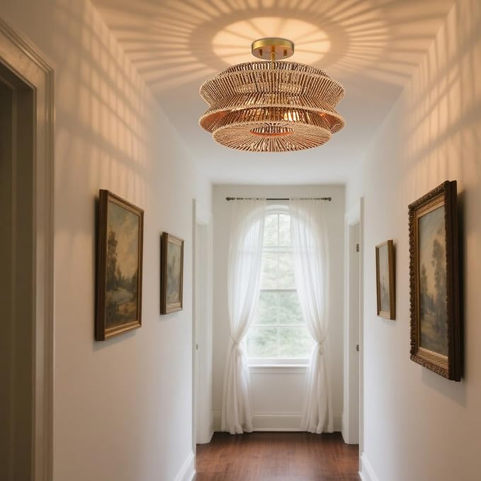 Boho 16''Coastal Rattan Semi Flush Mount Ceiling Light Farmhouse Rattan Ceiling Light Gold Nursery Ceiling Lights for Bedroom Kitchen Entryway Hallway(E26 Base)