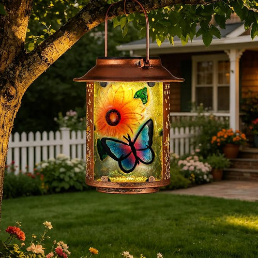 Butterfly Solar Lanterns Outdoor Waterproof, Birthday Gifts for Women Mom Grandma , Metal Garden Decor Hanging Solar Lights Outside Decorative for Yard Patio Backyard Porch Decorations(Sunflower)
