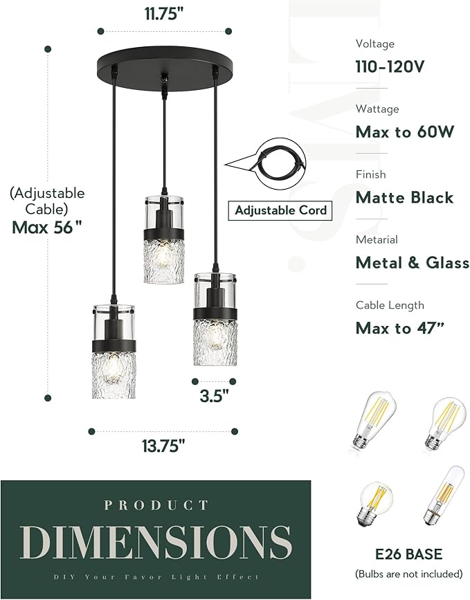 LMS Black 3-Light Pendant Fixtures, Adjustable Kitchen Hanging Light Fixture, Cluster Pendant Lights, LMS-188