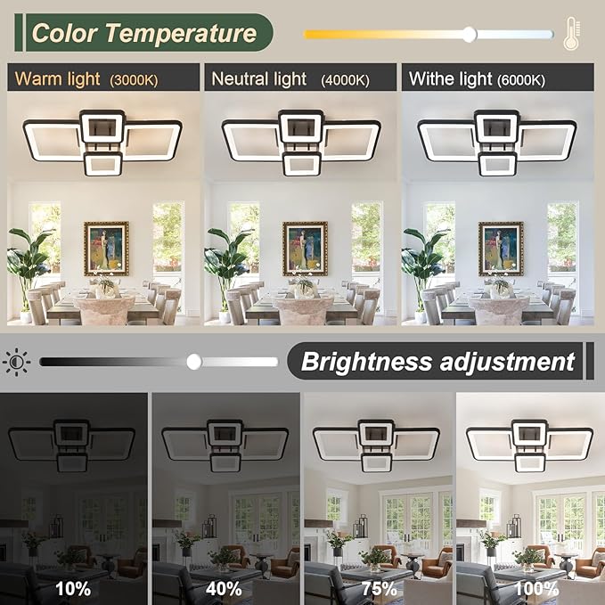 Modern Ceiling Lights 24" 42W, Dimmable Kitchen Lighting Fixtures Ceiling, 3000-6500K Light Fixture Ceiling Mount with Remote Control, Black Square LED Ceiling Light for Bedroom