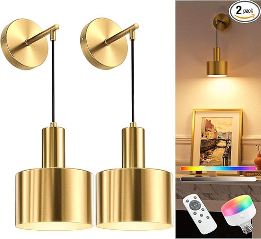 NIORSUN Battery Operated Wall Sconce Set of 2, Gold Wireless Rechargeable Wall Lights with 5200mAh Dimmable Detachable Bulbs and Remote, 9 Colors Sconces Wall Decor for Bedroom Living Room Hallway
