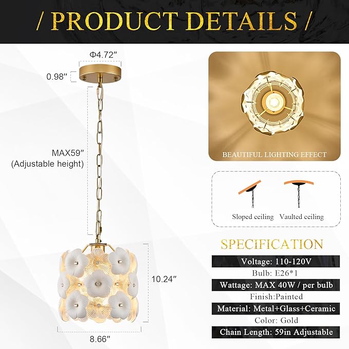 Modern Flower Small Pendant Lighting 2-Pack Gold Glass Pendant Light with White Ceramic Flowers 1-Light for Kitchen Island Sink Dining Room Entryway Hallway, E26