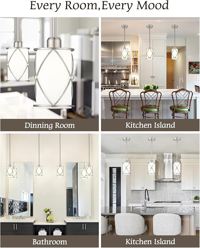 Brushed Nickel Pendant Lights Kitchen Island 2 Pack, Modern Glass Pendant Light Fixtures with Frosted Glass and Rods, Mini Hanging Lighting for Kitchen Sink Bathroom, CH9176BNW-2PK