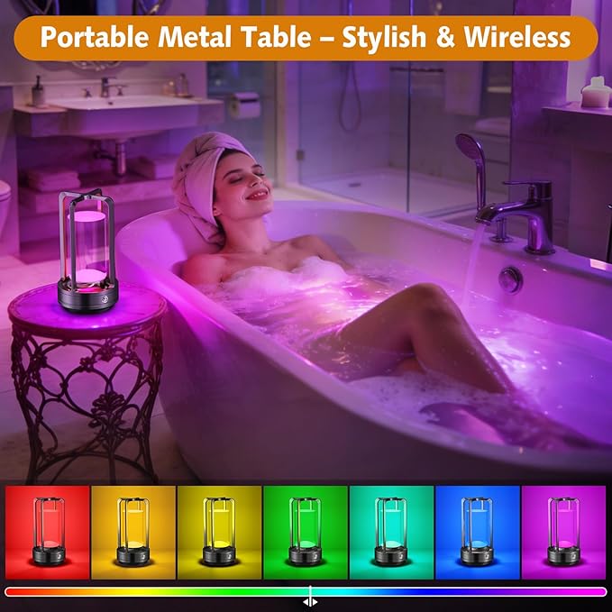 Portable Table Lamp for Outdoor Indoor: Cordless Rechargeable Desk Lamp with 10 Colors - Shower Lamp with Stepless Dimmable - Metal Battery Operated Lantern Light for Bedroom/Bar/Coffee Shop/Camping