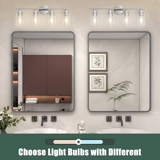 Espird Bathroom Vanity Light Fixtures Brushed Nickel,4 Lights Rustic Farmhouse Vanity Bar Lighting Over Mirror Modern Industrial Wall Sconces Lamp with Cylinder Glass Shade