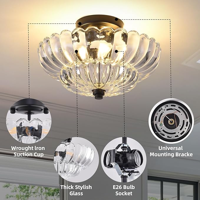 Semi Flush Mount Ceiling Light, 11.8 Inch Black Vintage Hallway Light Fixture with Transparent Glass, Close to Ceiling Light for Bedroom Kitchen Living Room Bathroom Foyer, E26 Base