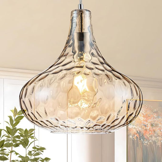 Amber Glass Pendant Light - 11-Inch Hammered Glass Ceiling Light with Brushed Nickel Finish, Adjustable Hanging Cord, Modern Lighting for Kitchen Island, Dining Room, Living Room & Hallway