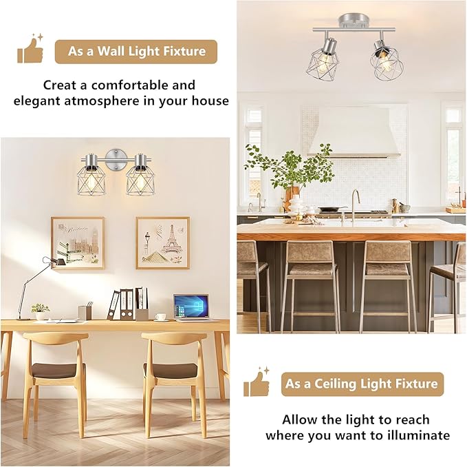 2-Light Brushed Nickel Semi Flush Mount Ceiling Light, Hallway Light Fixtures with Metal Wire Cage, Vintage Adjustable Track Spotlight Ceiling Fixtures for Dining Room, Farmhouse, Entryway