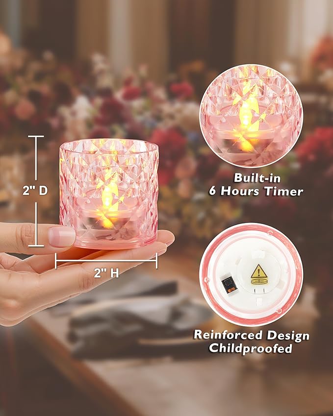 Homemory 2" x 2" Acrylic Votive Candle Holders with Auto Timer Flameless Led Tealight with, Battery Powered Fake Electric Candles for Wedding Centerpiece, Table, Christmas Decor (6Pack, Pink Base)