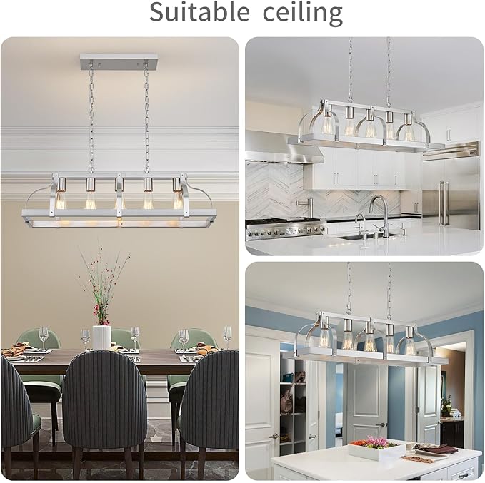 WUZUPS 5-Light Metal Chandelier Linear Pendant Ceiling Lighting Rustic Farmhouse Fixture Kitchen Island Dining Room, H 8.5" L 31.5" W10, E26 Base, Brushed Nickel