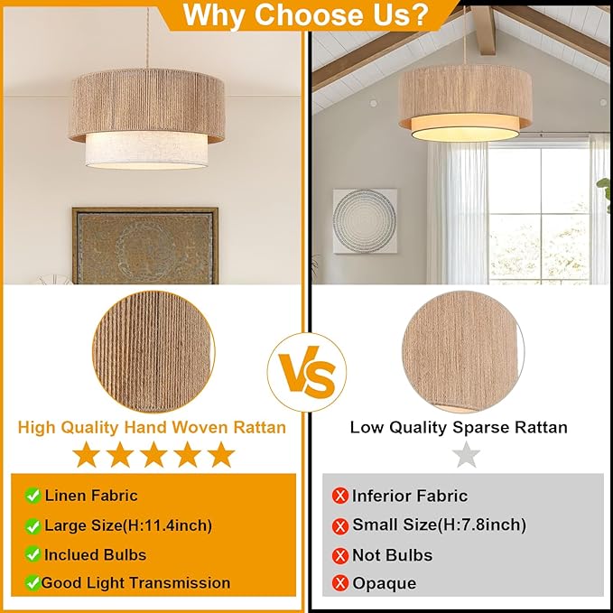Plug in Pendant Light, 18" Rattan Plug in Chandelier with Linen Fabric Shade, E26 On/Off Switch, Plug in Hanging Pendant Light for Dining Room Living Room Kitchen Foyer