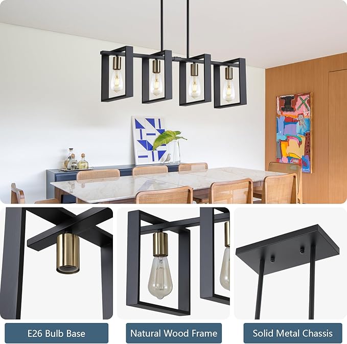9MMML 4 Lights Wood Chandelier,Industrial Rectangle Linear Dining Room Pendant Light, Black Wood Frame+Gold E26 Socket,Kitchen Island Light for Hallway Bar Pool Table, Height Adjustable