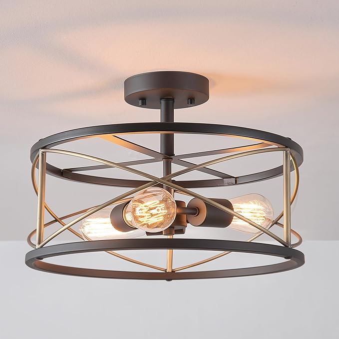 Globe Electric 60869 Denali 3-Light Flush Mount Ceiling Light, Matte Black, Brass Accents