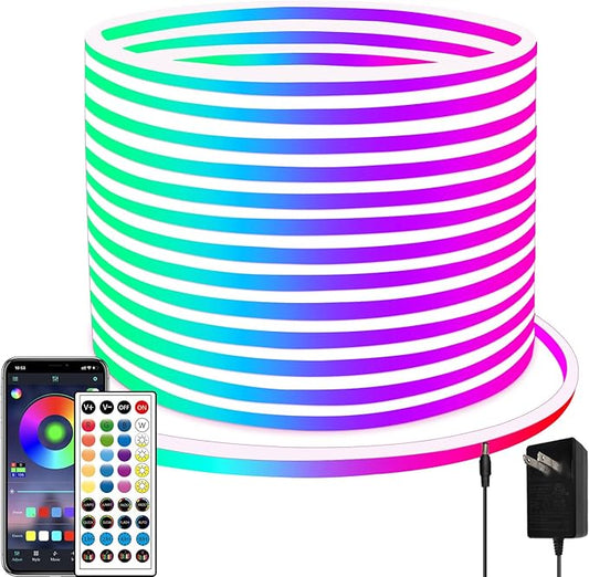 65.6FT Neon Rope Light,IP65 Waterproof RGB LED Strip Lights,Neon LED Lights with 40 Key Remote and APP Control for DIY Design,Multiple Modes for Bedroom,Holiday Decor（with Snap &Screws）