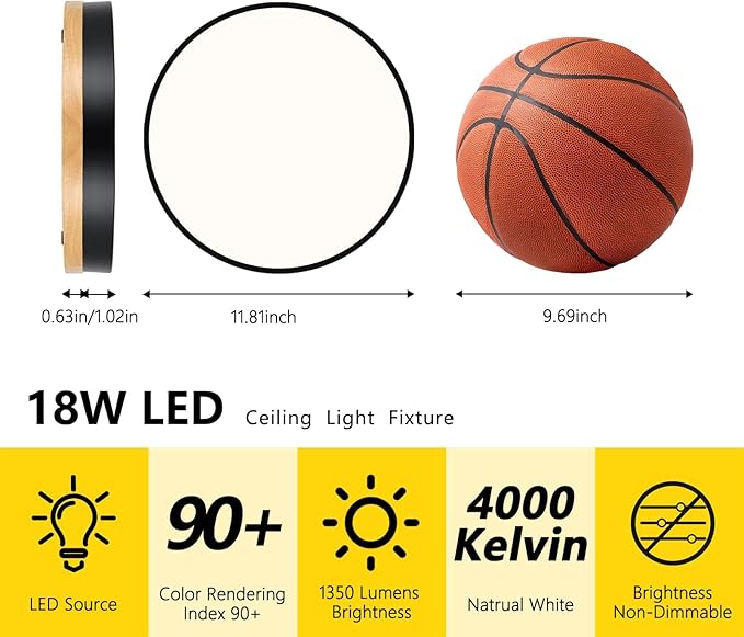 Round LED Flush Mount Ceiling Light, Modern Wood Ceiling Light, Minimalist Ceiling Lamp Black Ceiling Lighting Fixtures for Kitchen Bedroom Laundry Room Living Room Entryway Hallway&11.81 in
