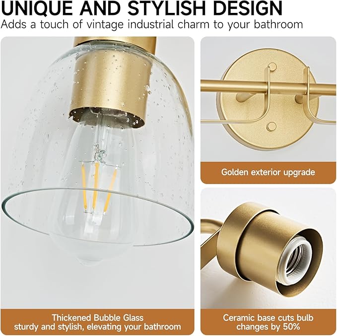 16 Inch Vanity Lights, 2-Light Golden Modern Industrial Bathroom Light Fixtures with Bell Bubble Glass Shade, Wall Sconce for Bathroom Mirror, Bedroom, Hallway (2 Pack)