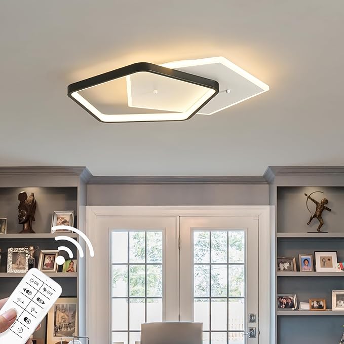 Modern LED Ceiling Light Fixture Dimmable Black Flush Mount Ceiling Light 20.08" Bedroom Ceiling Lamp with Remote Control Pentagonal Ceiling Light for Kitchen,Entryway,Balcony,Wardrobe