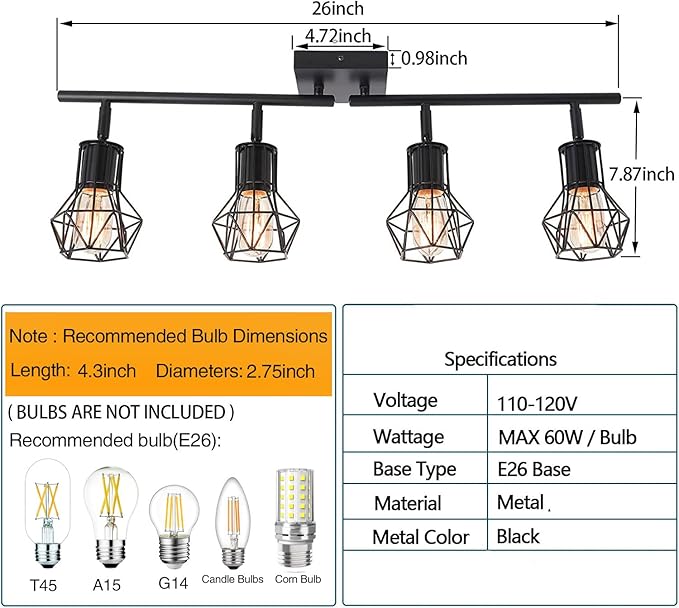 Track Lighting Fixtures Ceiling，Industrial Black Kitchen Track Lighting for Kitchen, Living Room, Dining Room, Hallway（E26