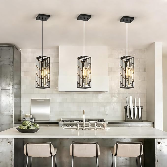 Black Pendant Lights Kitchen Island 2 Pack, Adjustable Modern Pendant Light Fixtures, Mini Crystal Chandeliers for Dining Room Bedroom Foyer Hallway