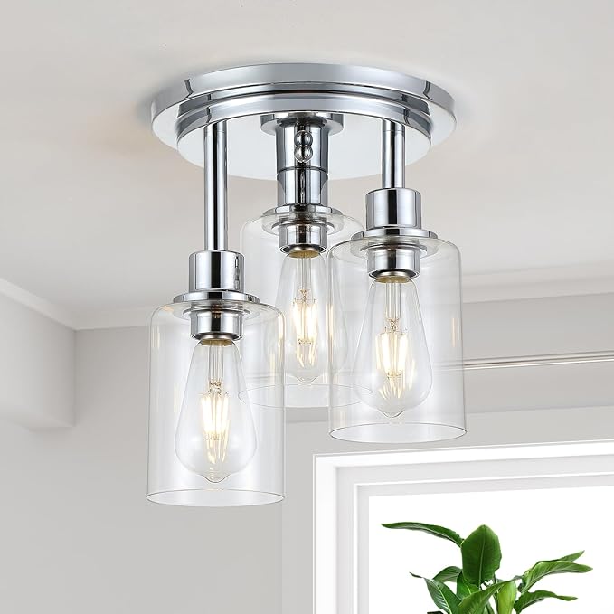 Chrome Semi Flush Mount Ceiling Light, Modern 3-Light Glass Ceiling Light Fixture, 11.2'' Ceiling Lamp for Kitchen, Bedroom, Hallway, Entryway