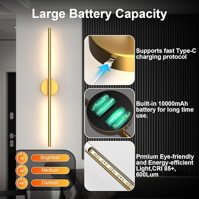 Tartek Battery Operated Wall Sconces Set of Two, Rechargeable Wall Lights with Remote Control, Dimmable 3000K-6000K LED Wall Lamp, 360°Rotate, Long Wireless Sconces for Living Room, Bedroom