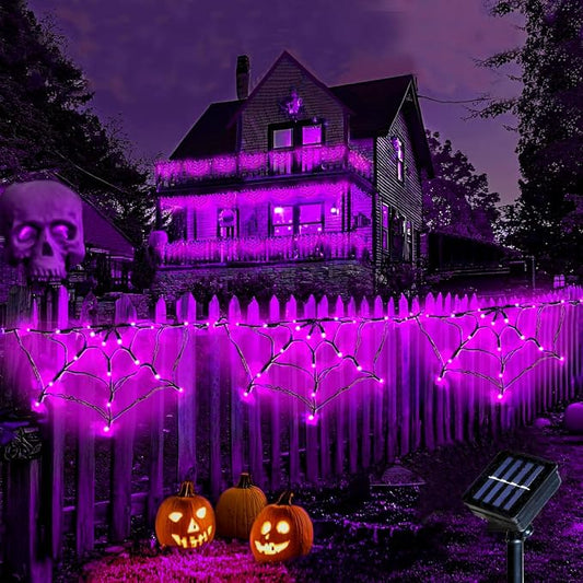 Halloween Spider Web Lights Outdoor, Solar Light up Cobweb String Lights with 60LED Lights, Spiderweb Curtain Fairy String Lights for Halloween Decorations Fireplace Proch Window Garden (Purple)