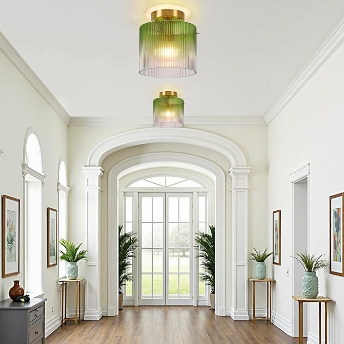 Modern Semi Flush Mount Ceiling Light, Vintage Gradient Green Glass Ceiling Light Fixture, for Closet Dining Room Kitchen Bedroom Entryway Hallway Hanging Lamp