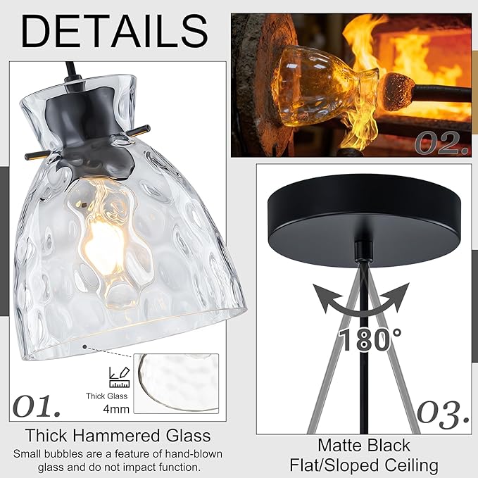 Hammered Glass Black Pendant Lights Kitchen Island 2 Pack, 5.9” Small Farmhouse Pendant Light Fixtures, Adjustable Modern Hanging Lighting Kitchen Pendant Lights over Island Sink Bathroom Dining Room