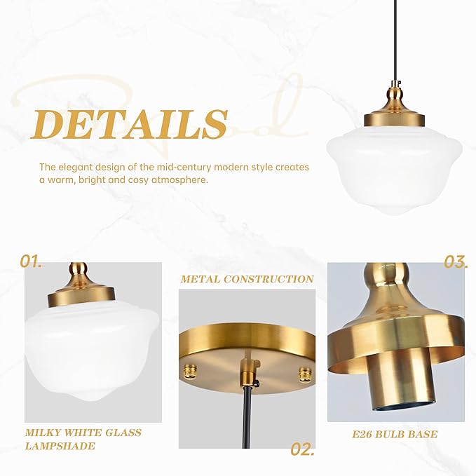 Bagood 10" Milk Glass Pendant Light Gold Schoolhouse Light Fixture Schoolhouse Pendant Light Milk Glass Light Fixture Mid Century Modern Ceiling Light for Bedroom Bathroom Kitchen Island (Bulb Incl)