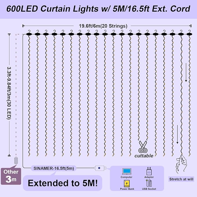 600LED White Curtain Lights for Bedroom, 19.6ft x 9.8ft Fairy Curtain String Light with 24 Hooks, 8 Modes Hanging Lights for Wedding, Party, Backdrop, Window, Xmas Decor