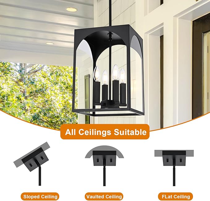 VINLUZ Large Outdoor Indoor Pendant Light 4-Light, Classic Black Finish Metal Chandelier Outside Hanging Fixture Ceiling Mount with Clear Glass Shade for Front Porch Entrance Foyer