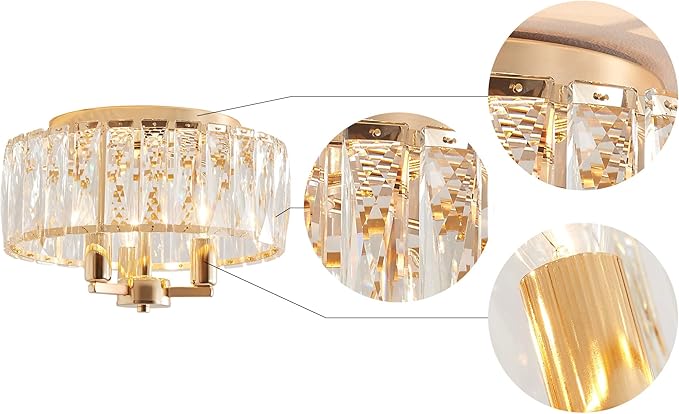AGV LIGHTING CL002G Crystal Semi Flush Mount Ceiling Light Fixture, E12 Base 3-Lights, D13 x H15, Shine Gold Finish