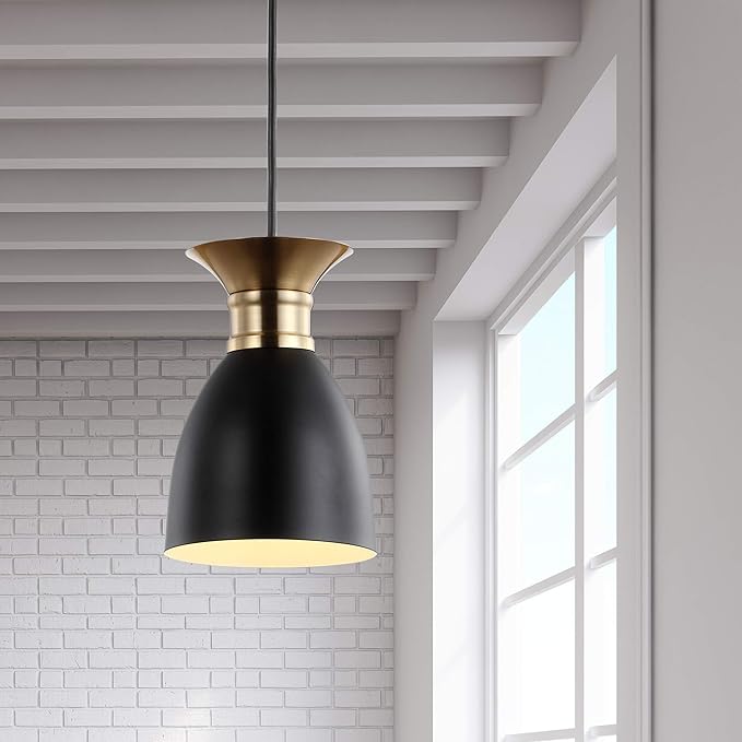 JONATHAN Y 5.75" Black/Brass Gold Modern Metal LED Pendant Light Fixture, Adjustable Hanging Ceiling Lamp for Kitchen Island Bedside, Metal Black Shade, LED Bulb Included JYL6136A