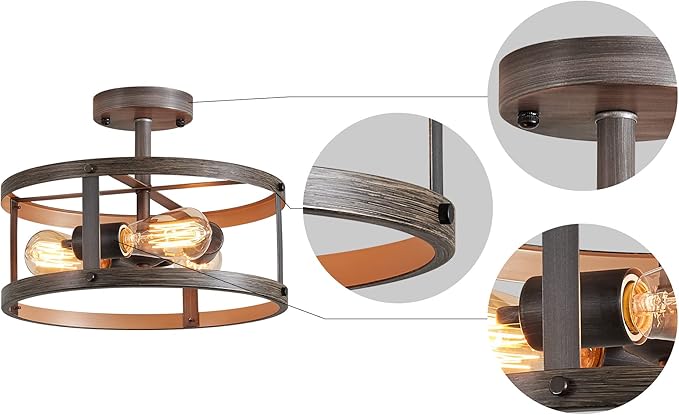 AGV LIGHTING Farmhouse Semi Flush Mount Ceiling Light Fixture, Rustic Style Close to Ceiling Light with 3-Light, Faux Oka Wood Texture with Brushed Grey Finish