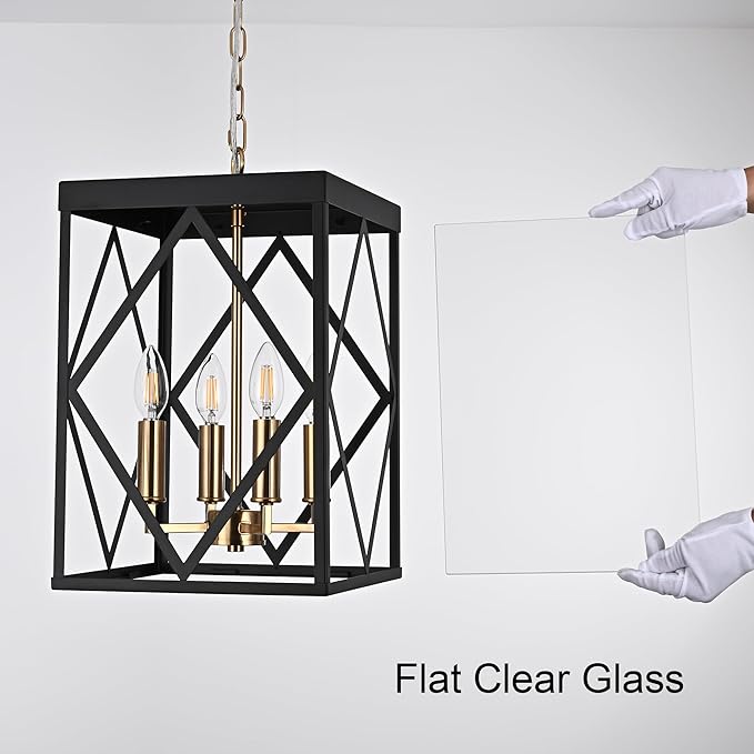 Outdoor Pendant Light for Porch, 4-Light Modern Metal Exterior Hanging Lantern Pendant Light Outside Chandelier Black with Clear Glass or Front Porch Entrance Foyer Entryway, Brass Socket