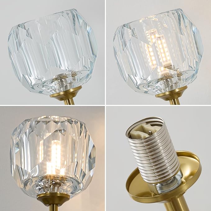 Gold Crystal Wall Sconces Set of Two with G9 Bulbs, Mid Century Modern Diamond Light Brass Vintage Long Lighting Fixture Hardwired for Elegant Vanity Living Room Bedroom Bathroom Hallway