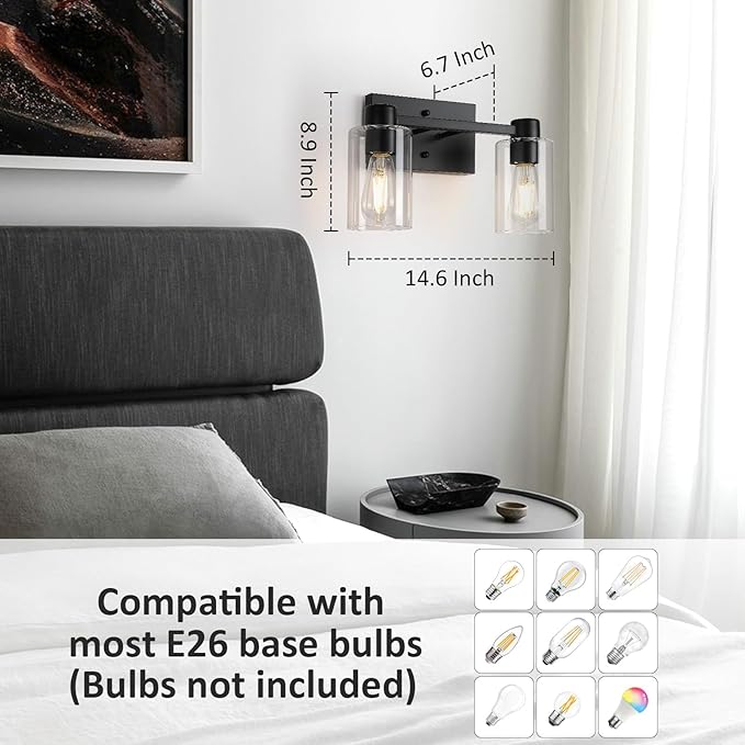 Matte Black Bathroom Light Fixtures,2-Light Bathroom Vanity Light Over Mirror with Clear Glass Shade,Modern Farmhouse Wall Sconces Lighting for Bedroom Cabinet Kitchen Living Room